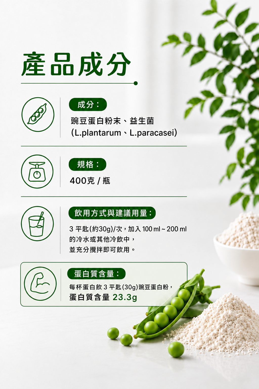 高安植物蛋白粉成分與規格：400克，每份含23.3克蛋白質
